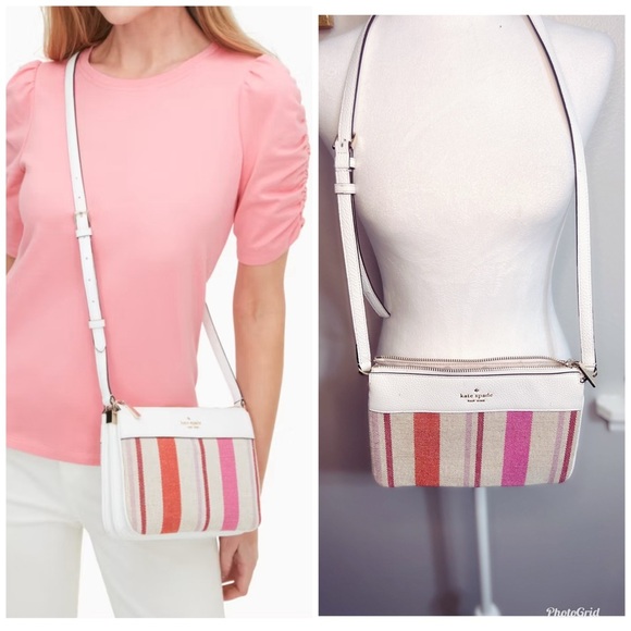 Kate Spade Leila Striped Canvas Triple
Gusset Crossbody White Pink red stripes - Picture 1 of 16